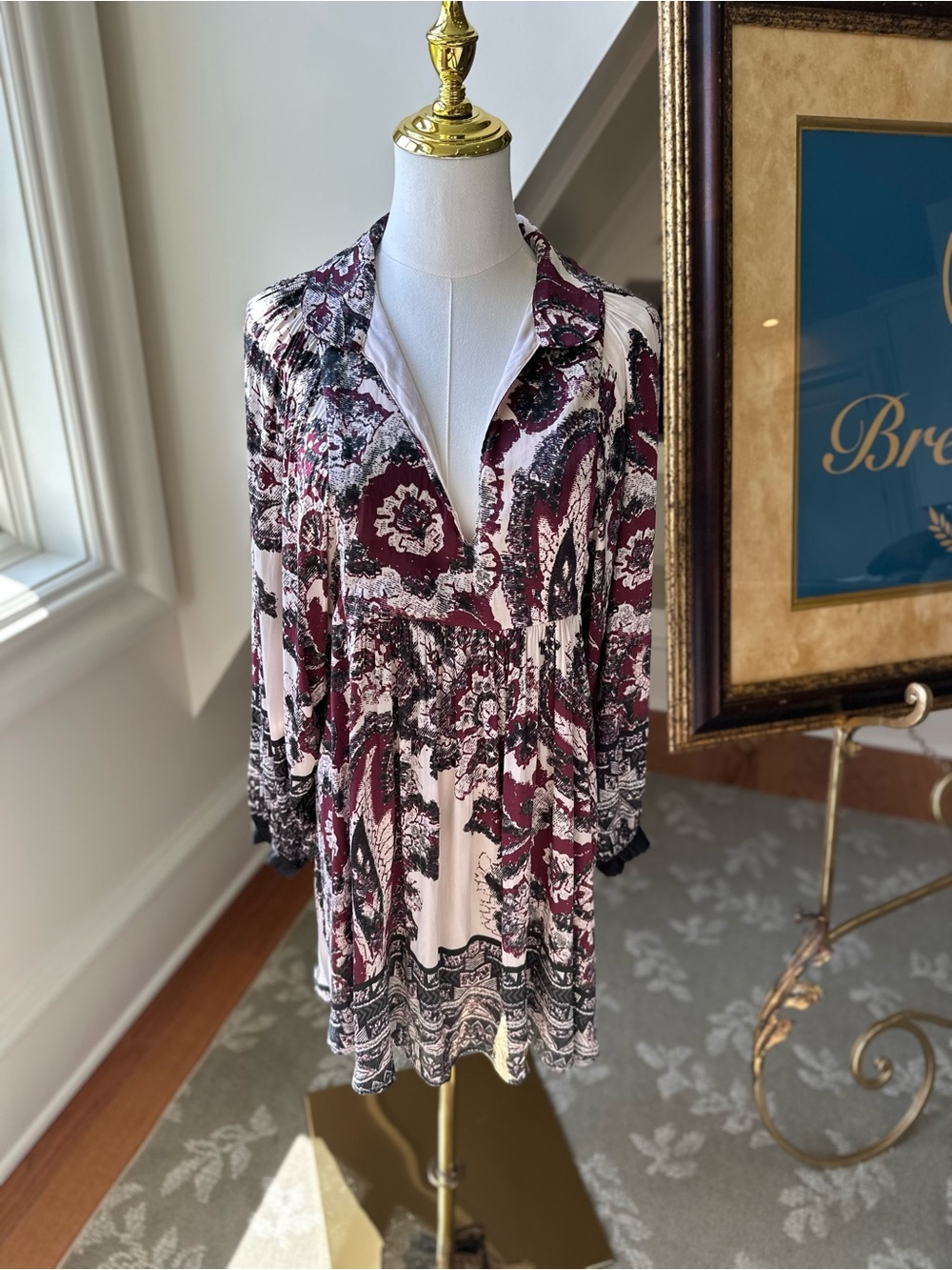 Free People Boho Paisley V-Neck Women’s Tunic Dress - Burgundy & Cream sz s